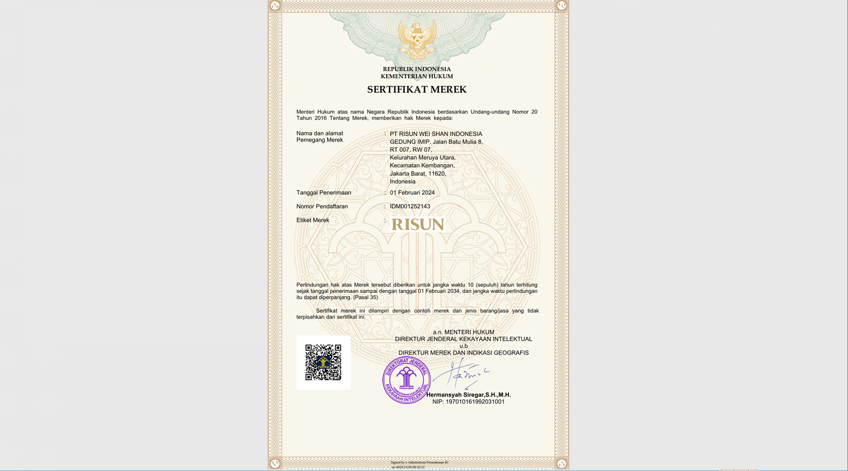 旭阳伟山新能源（印尼）有限公司成功获批“RISUN” 商标证书